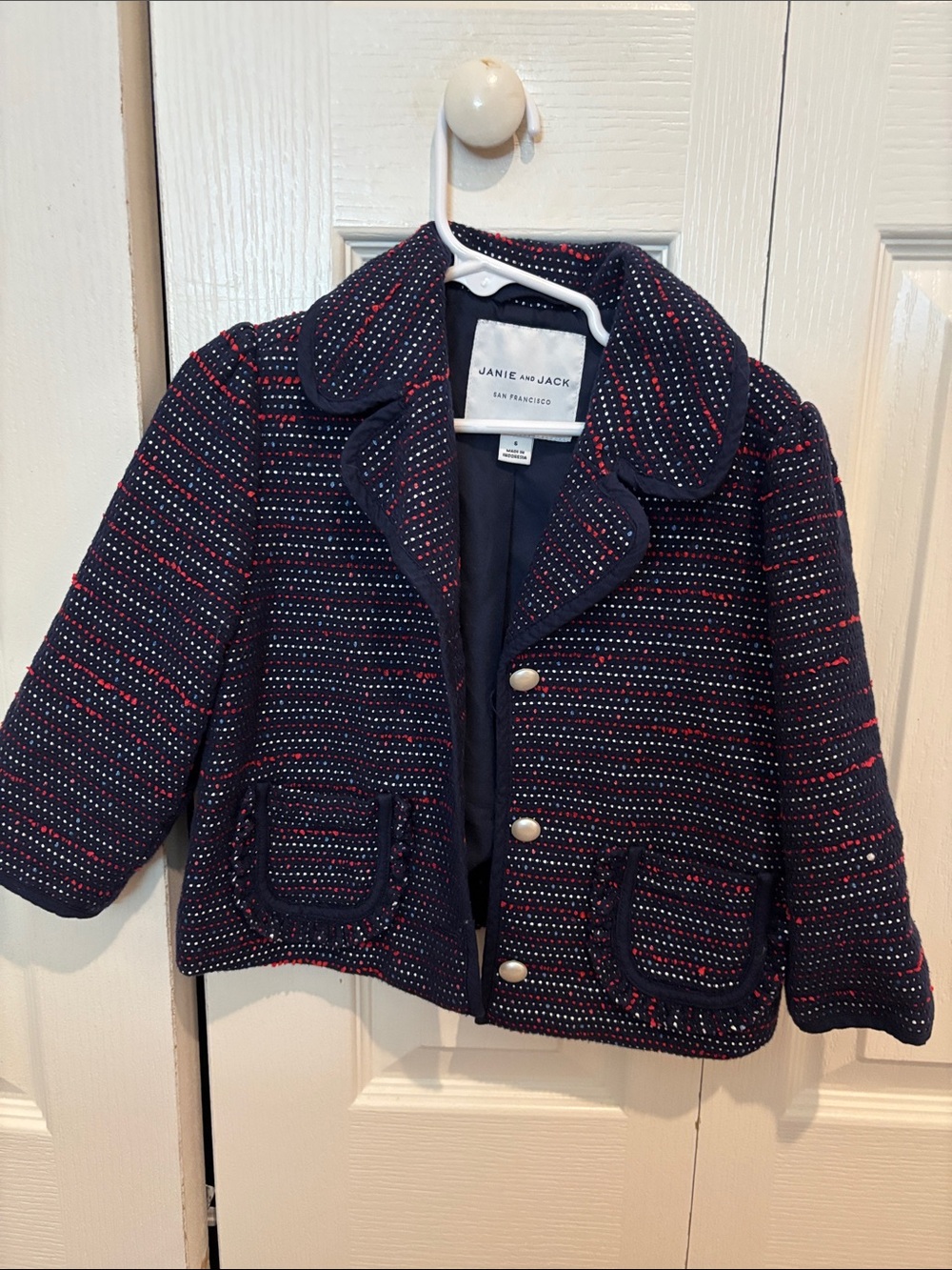 Janie and Jack Navy Tweed Coat with Red and White Accents